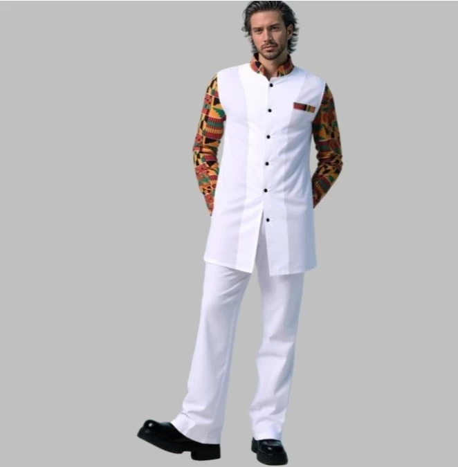 African Style Men Long Sleeve Shirt and White Pant